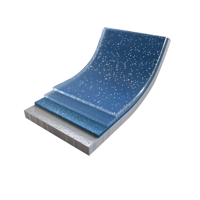 Materiale stratificato con glitter blu e base argentata.