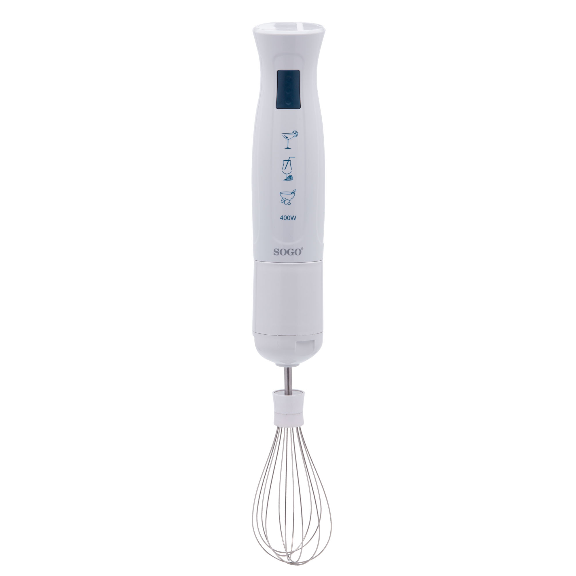 Un frullatore a immersione bianco con frusta, 400W, su sfondo bianco.