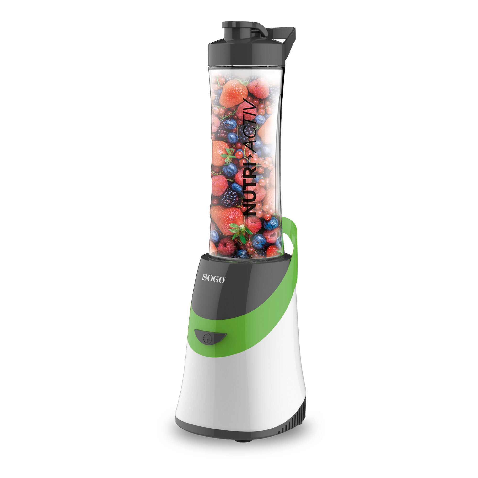 Un frullatore con un contenitore di vetro pieno di bacche e la scritta Nutri Activ.