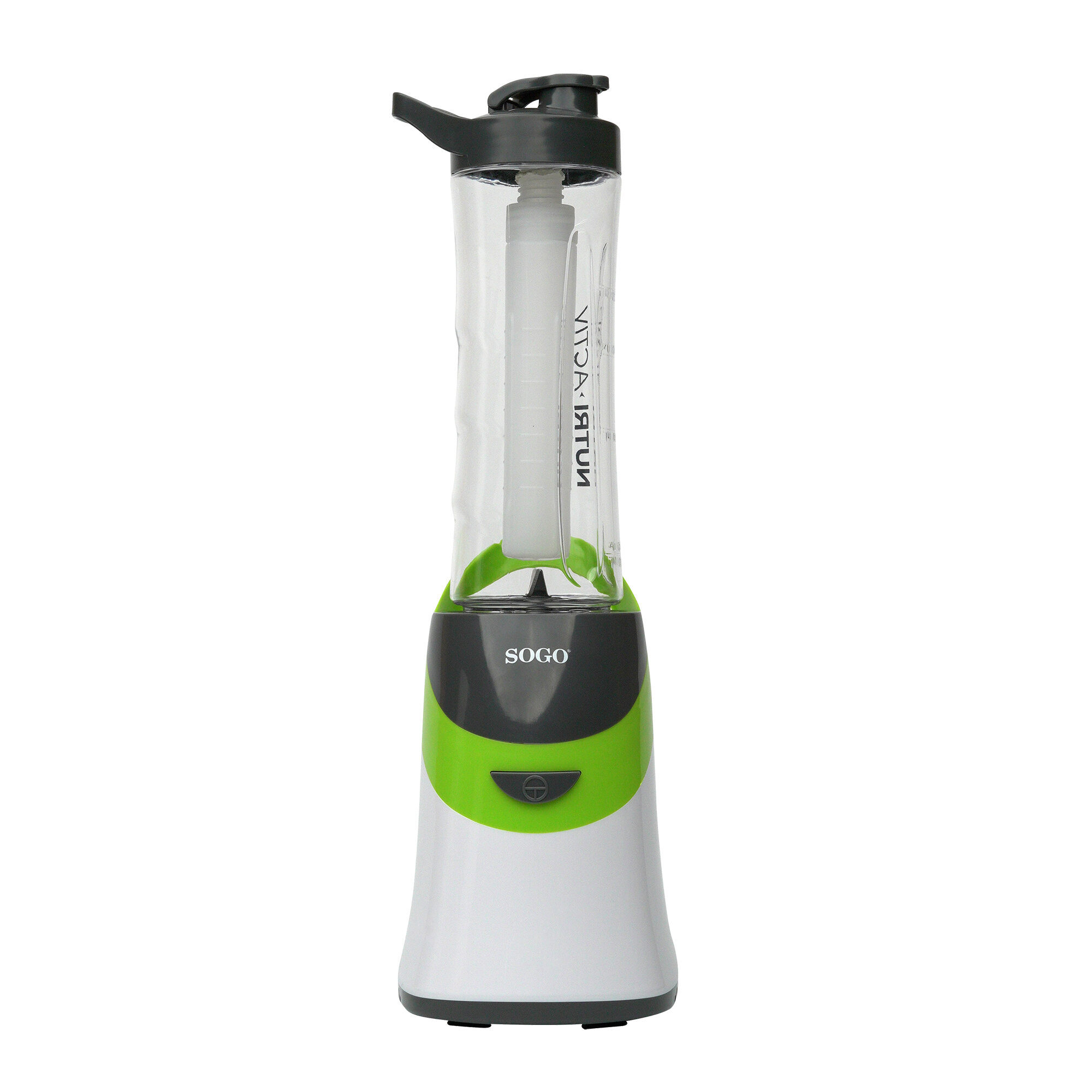 Un frullatore Sogo bianco e verde con contenitore trasparente e coperchio nero.