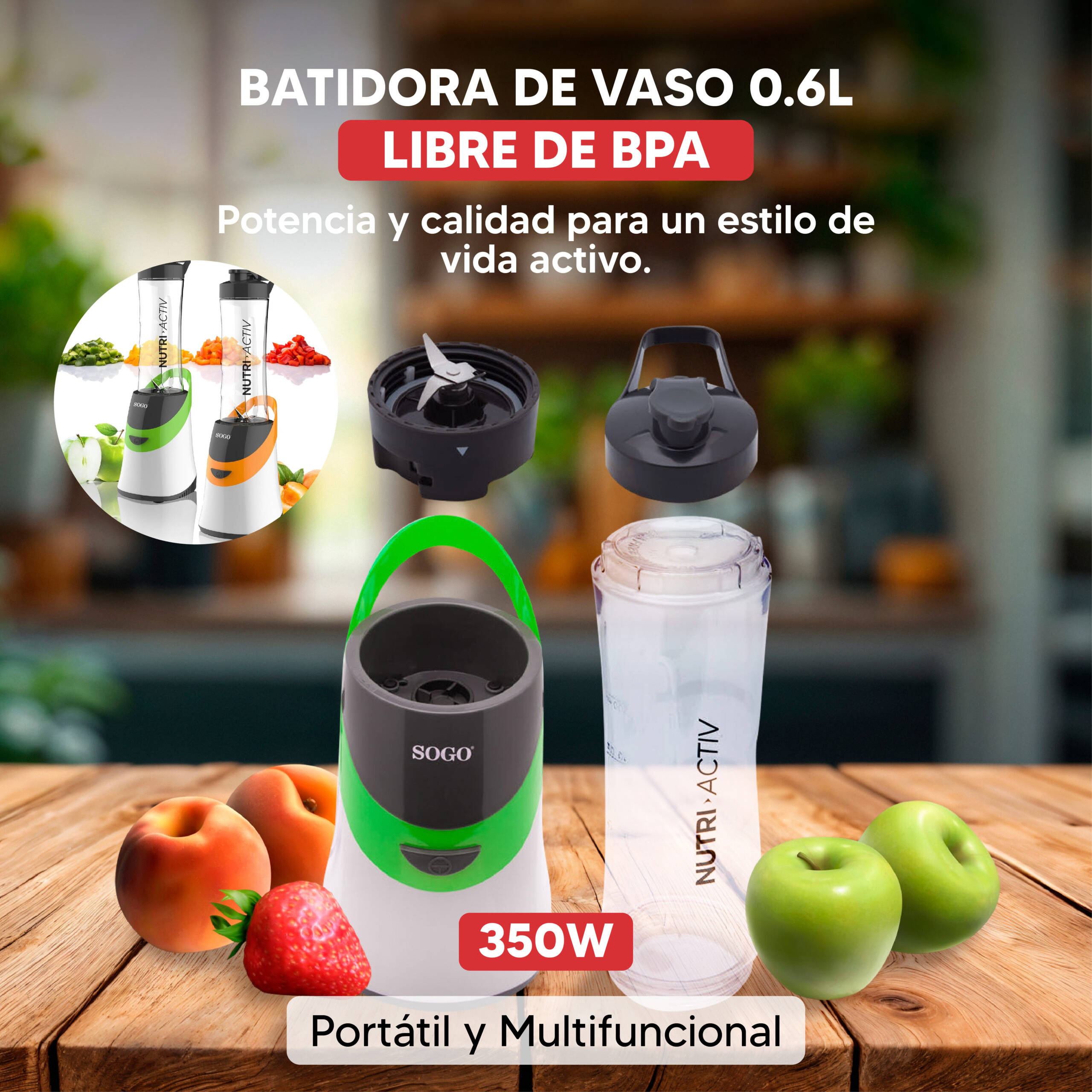 Un frullatore da 350W con accessori e frutta su un tavolo di legno.