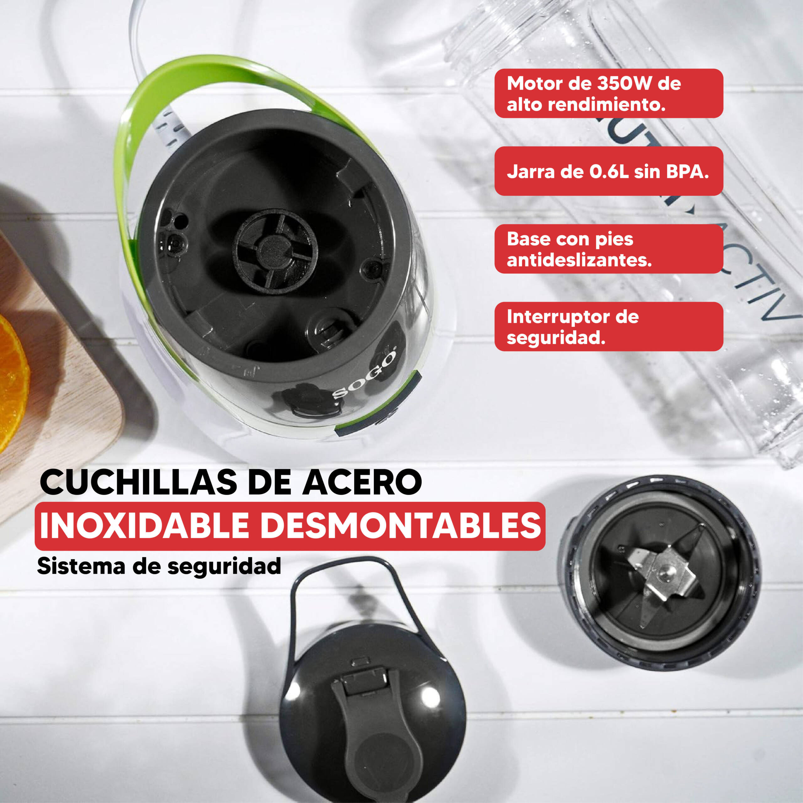 Frullatore Sogo con motore da 350W, caraffa da 0,6L senza BPA e lame rimovibili.