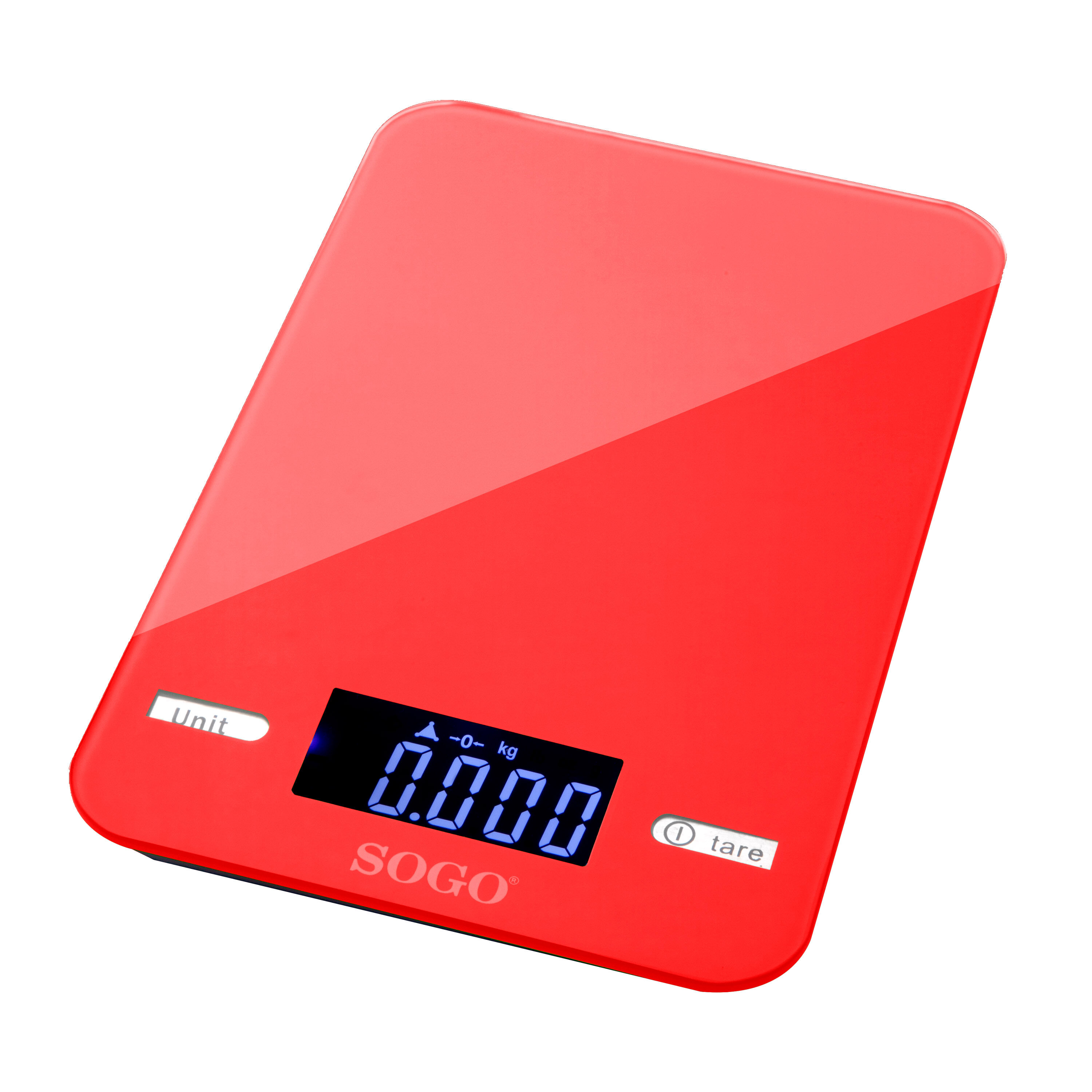 Una bilancia da cucina digitale rossa con display LCD che mostra 0.000.