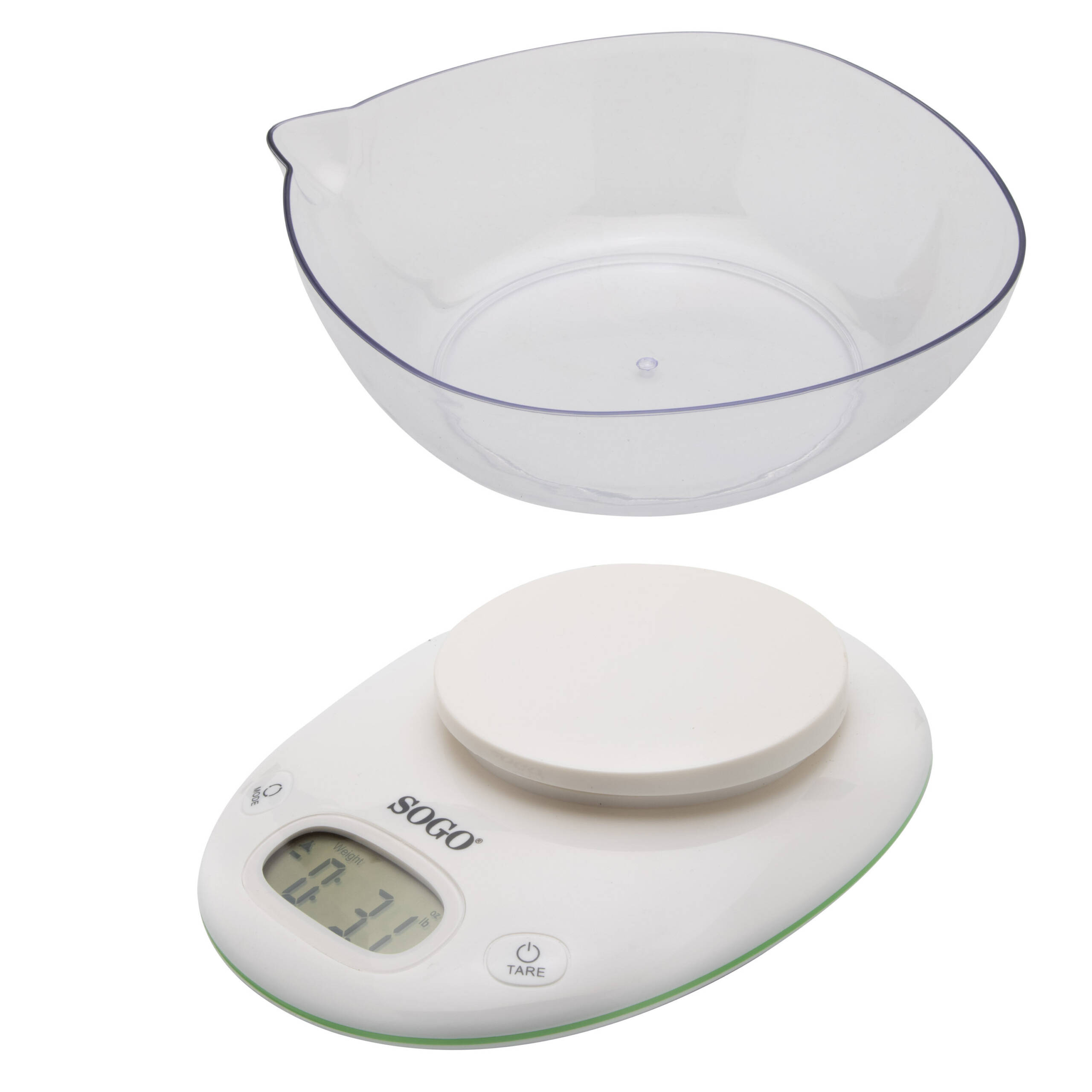 Una bilancia da cucina bianca con ciotola trasparente e display digitale.