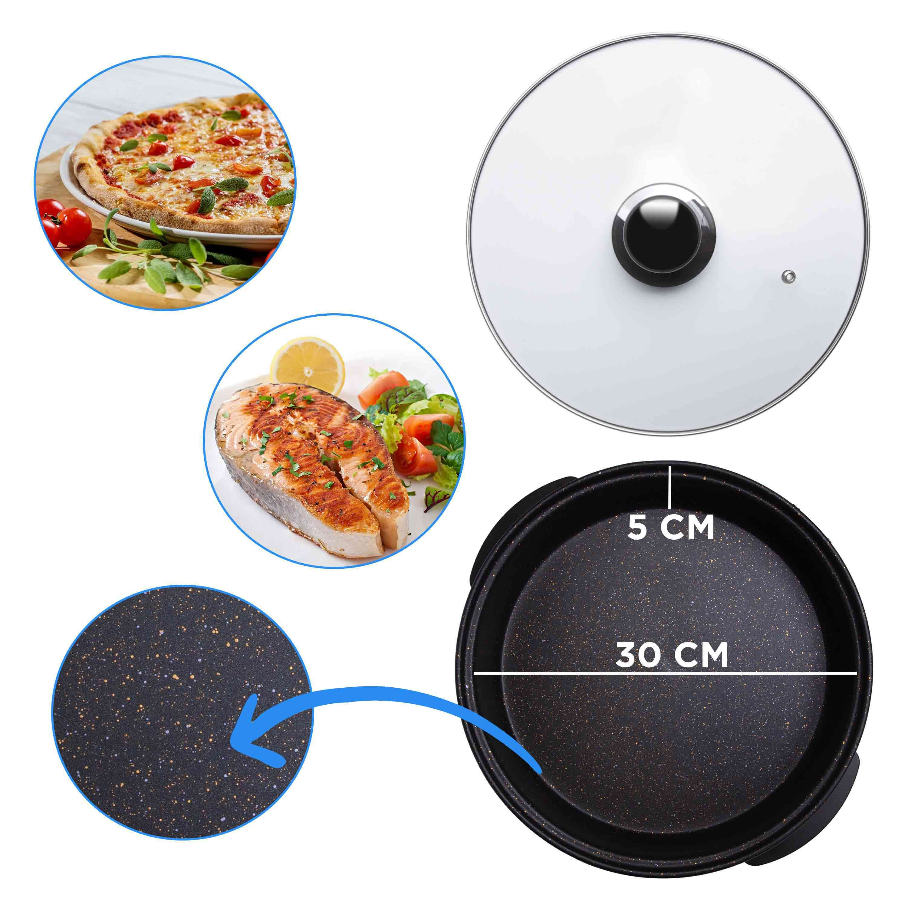 Primer plano de una tapa de sartén, pizza, filete de salmón y sartén con dimensiones.