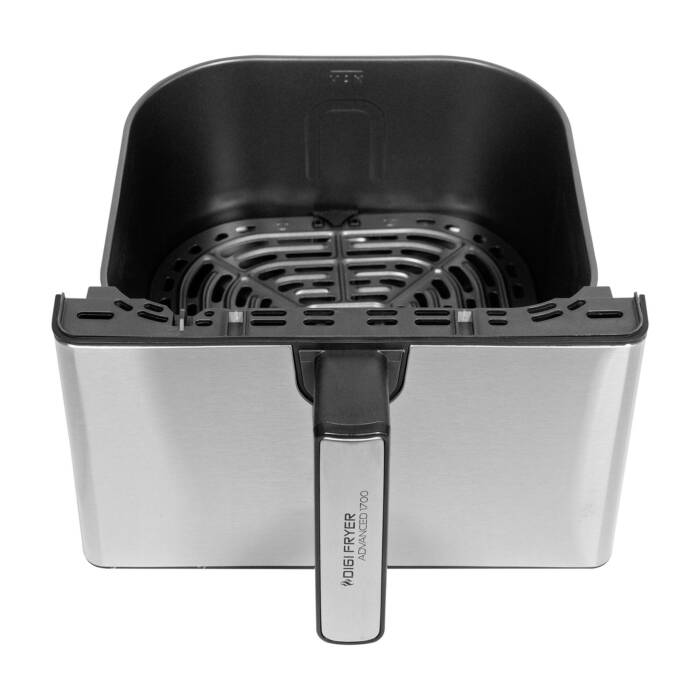 Una friggitrice ad aria in acciaio inossidabile con cestello interno nero e maniglia con la scritta "DIGIFRYER ADVANCED 1700".