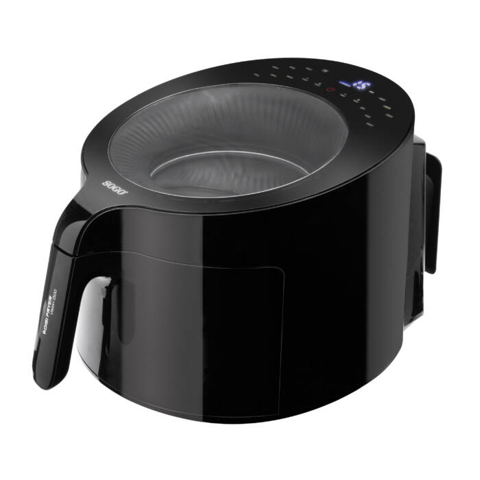 Friggitrice ad aria nera con coperchio in vetro e display digitale su sfondo bianco.