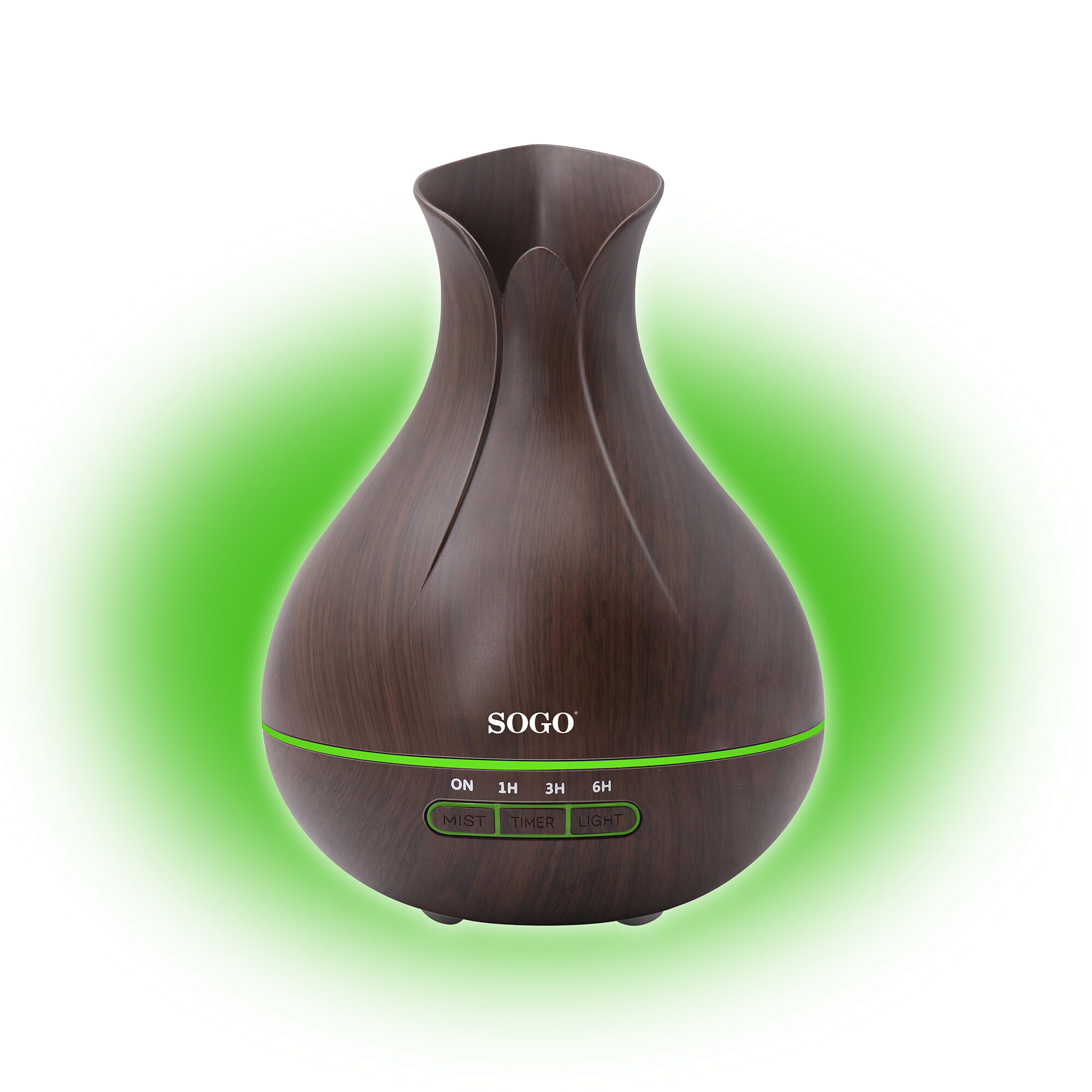 Un diffusore in legno scuro con luce verde e pulsanti di controllo.
