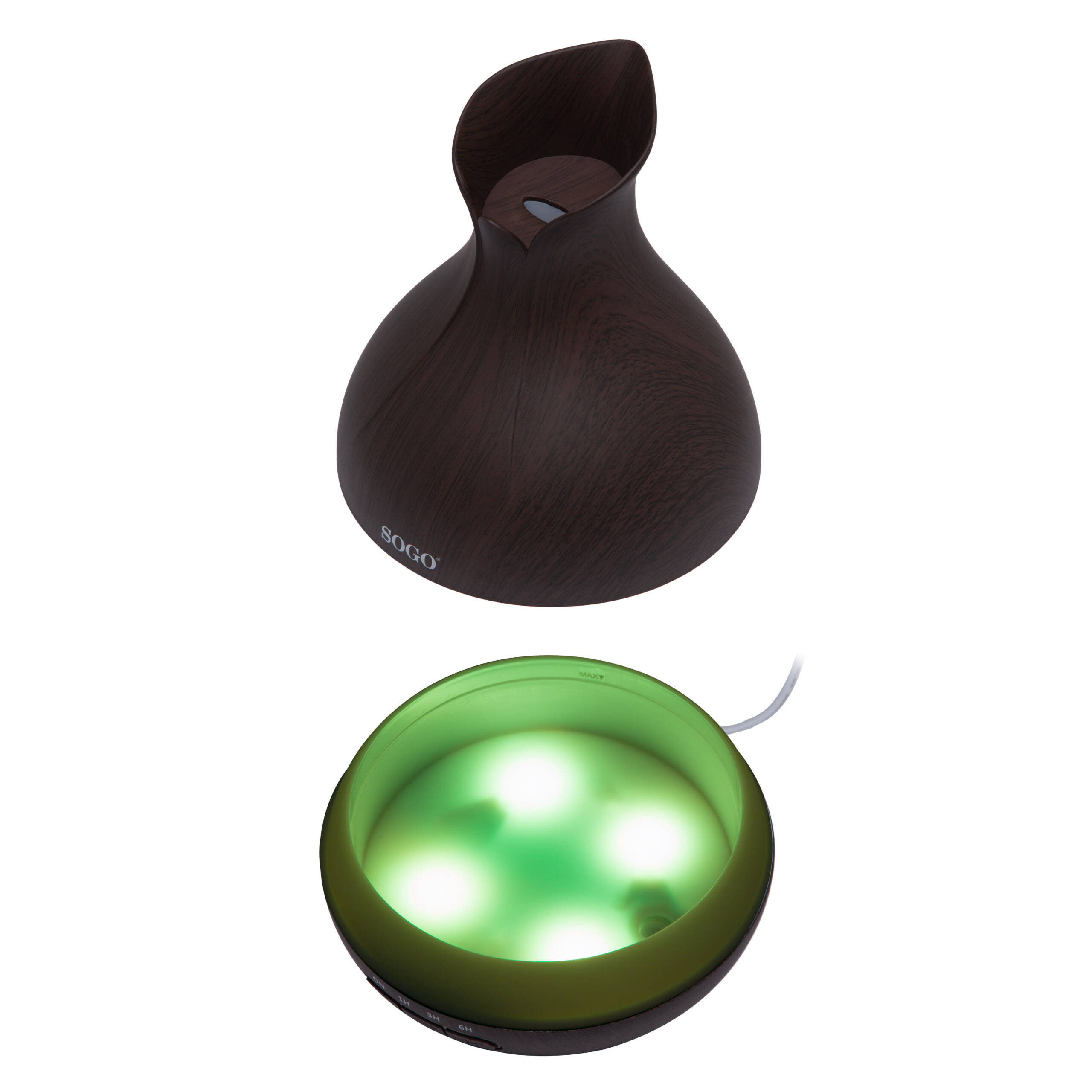 Un diffusore scuro con un contenitore verde e illuminato sotto.