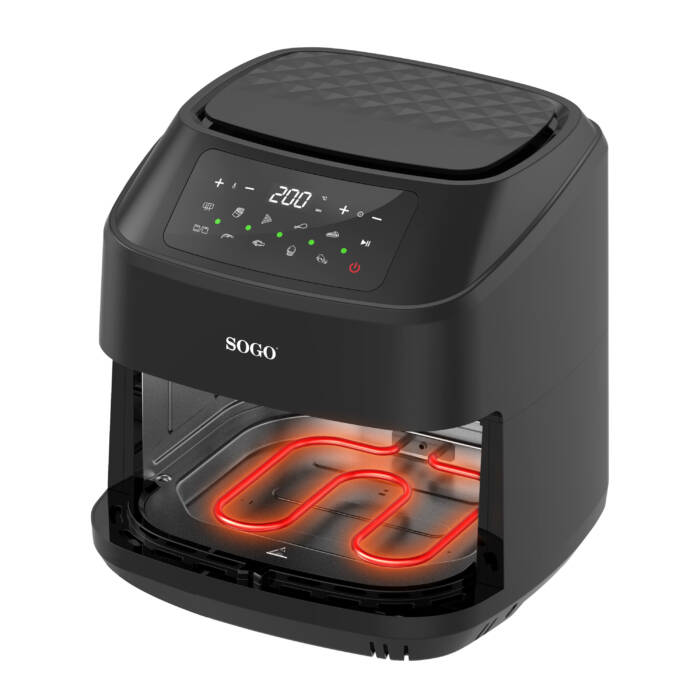 Forno friggitrice ad aria Sogo nero con elemento riscaldante incandescente.