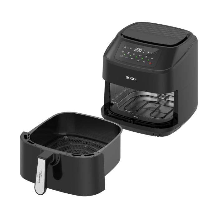 Forno friggitrice ad aria Sogo nero con cestello estraibile e display digitale.