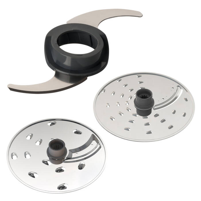 Un accesorio de cuchilla para procesador de alimentos con unidad de cuchilla y dos discos.