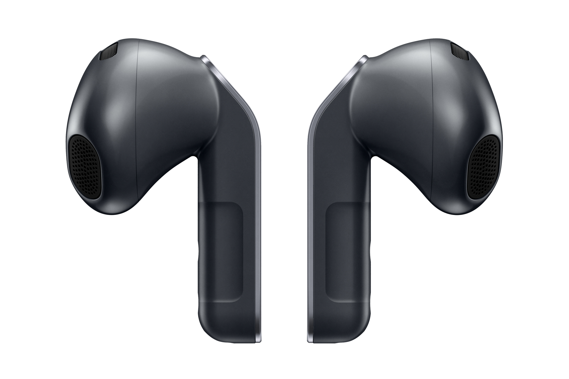 Due auricolari wireless scuri uno accanto all'altro su sfondo bianco.
