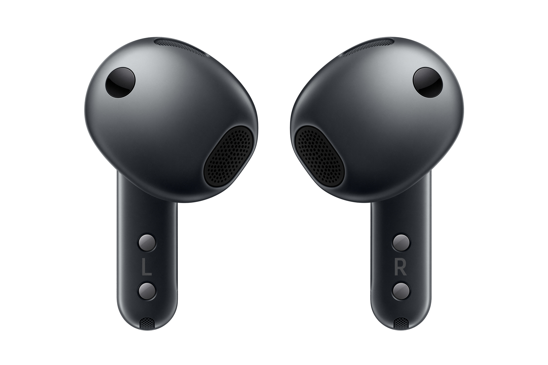 Due auricolari wireless scuri con stelo, su sfondo bianco.