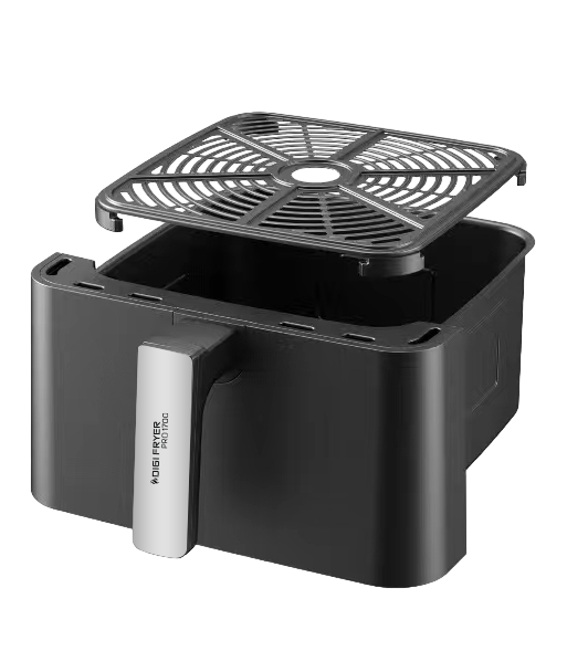 Cestello friggitrice ad aria nero con manico argentato e griglia rimovibile.