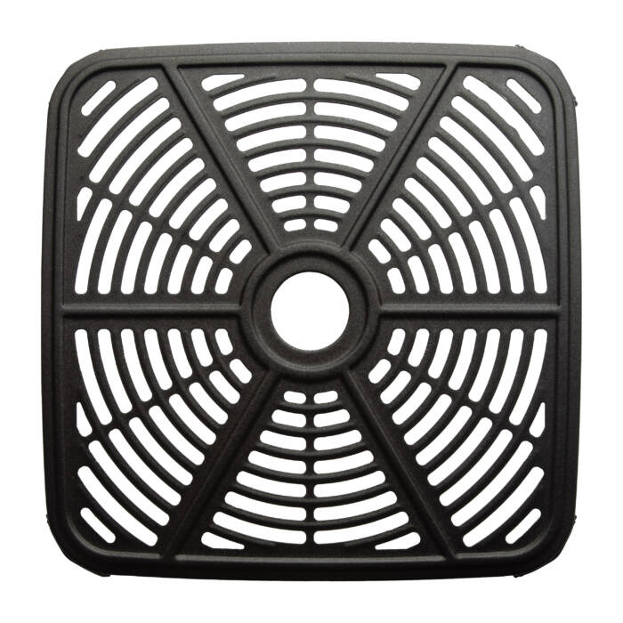 Inserto quadrato nero con fessure di ventilazione e cerchio centrale.