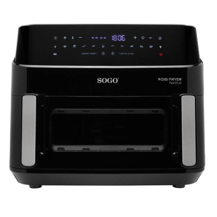 Una friggitrice Sogo Digi nera con accenti argentati e display digitale.