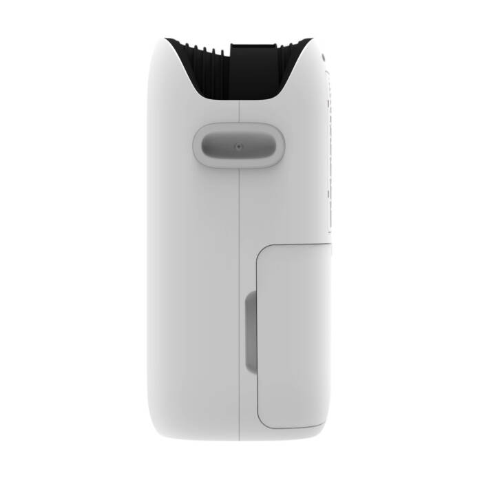 Dispositivo bianco con griglia di ventilazione nera in alto e maniglia grigia.
