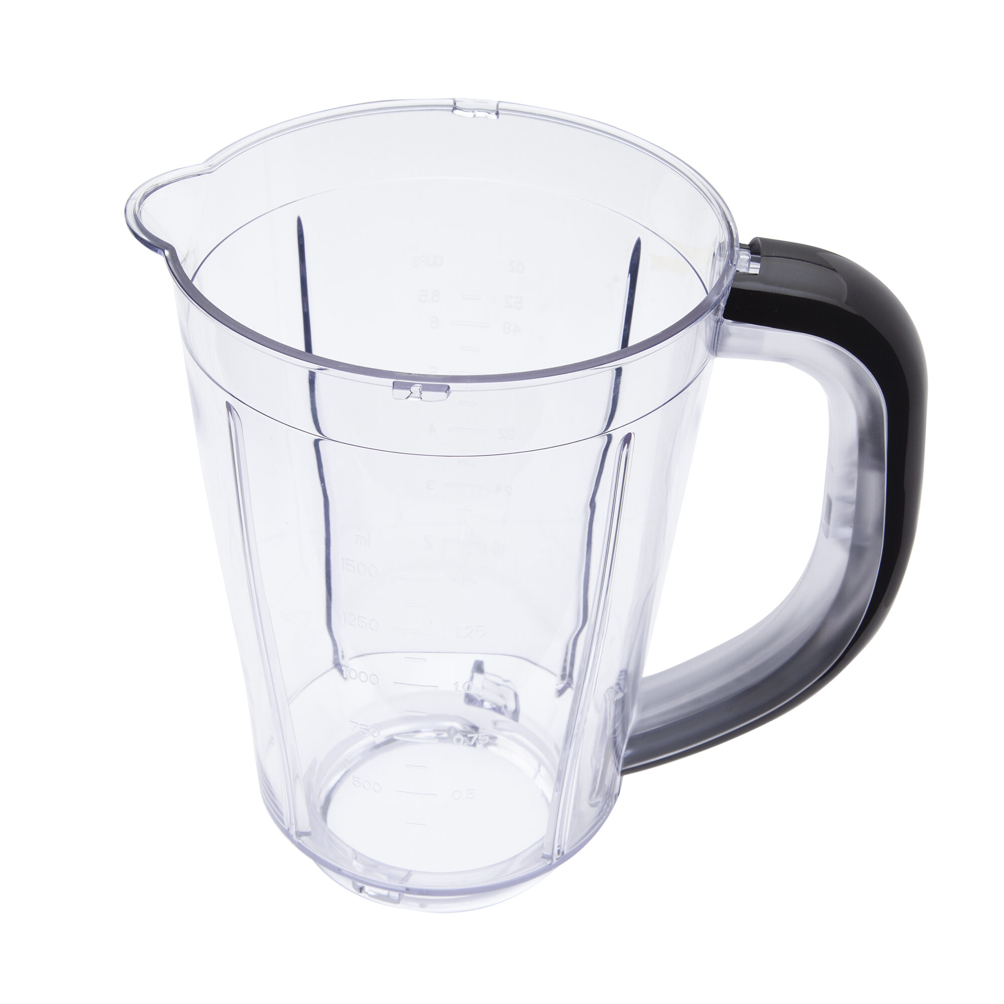 Caraffa trasparente con manico nero e segni di misurazione su sfondo bianco.