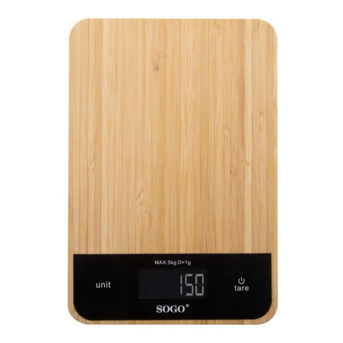 Eine Holzküchenwaage mit schwarzem Display zeigt 150g an.