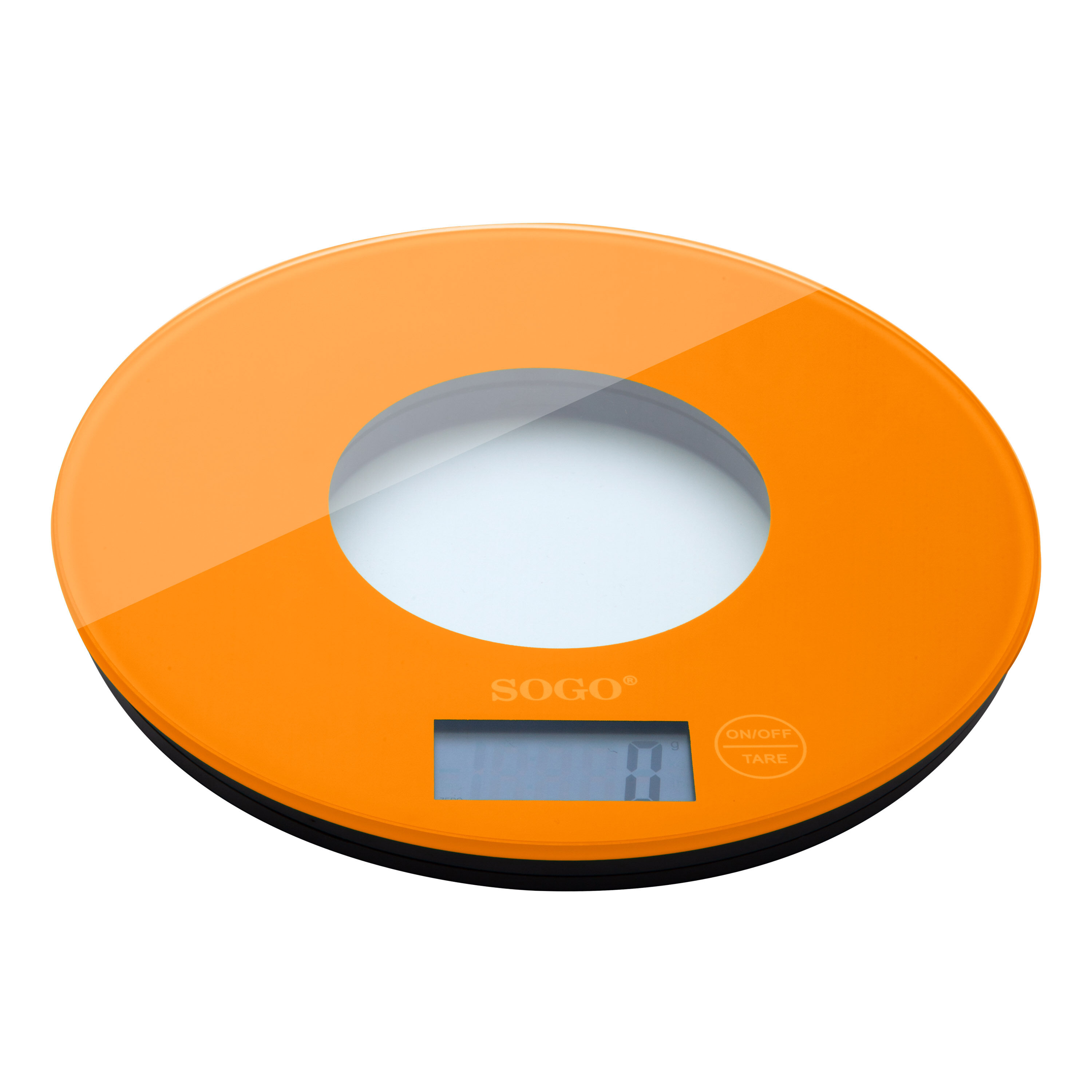Una bilancia da cucina rotonda arancione con display digitale che mostra 0 g.
