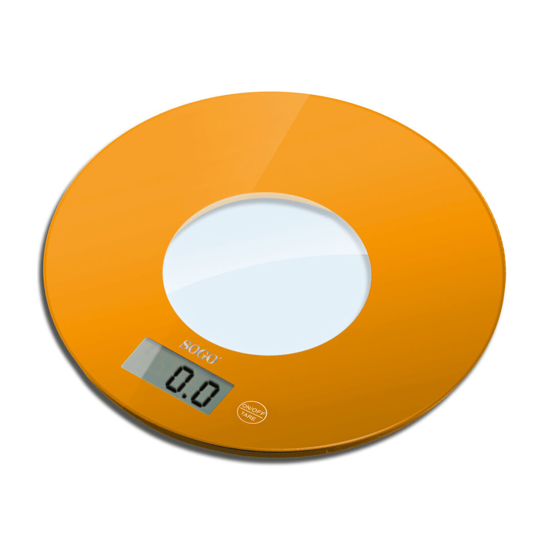 Bilancia da cucina Sogo arancione con display digitale che mostra 0.0. Piano rotondo in vetro.