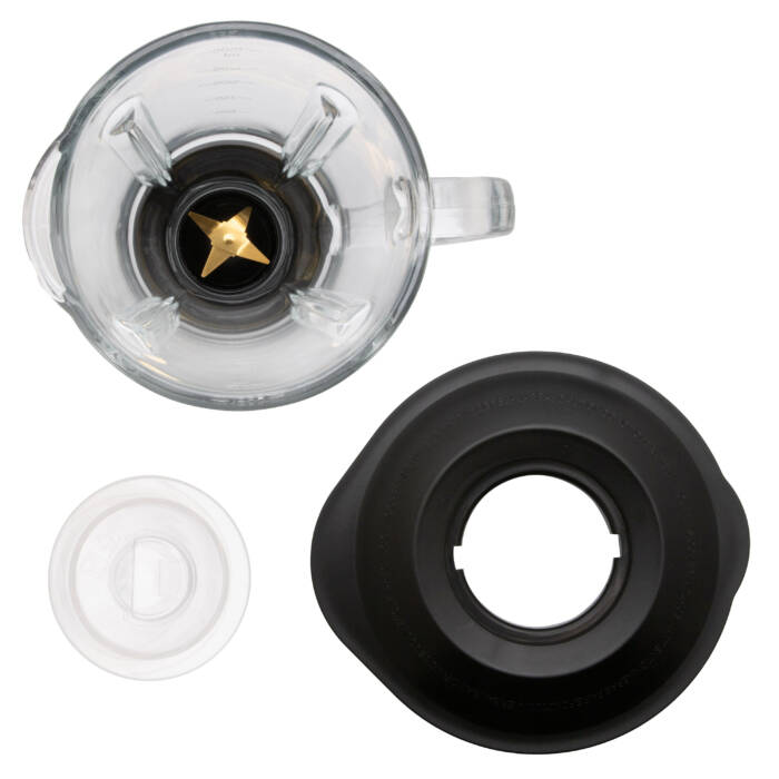 Caraffa frullatore in vetro con lame, coperchio nero e piccolo tappo bianco.