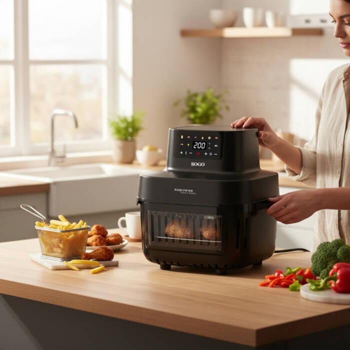 Una donna usa una friggitrice ad aria nera con patatine, pollo e verdure.