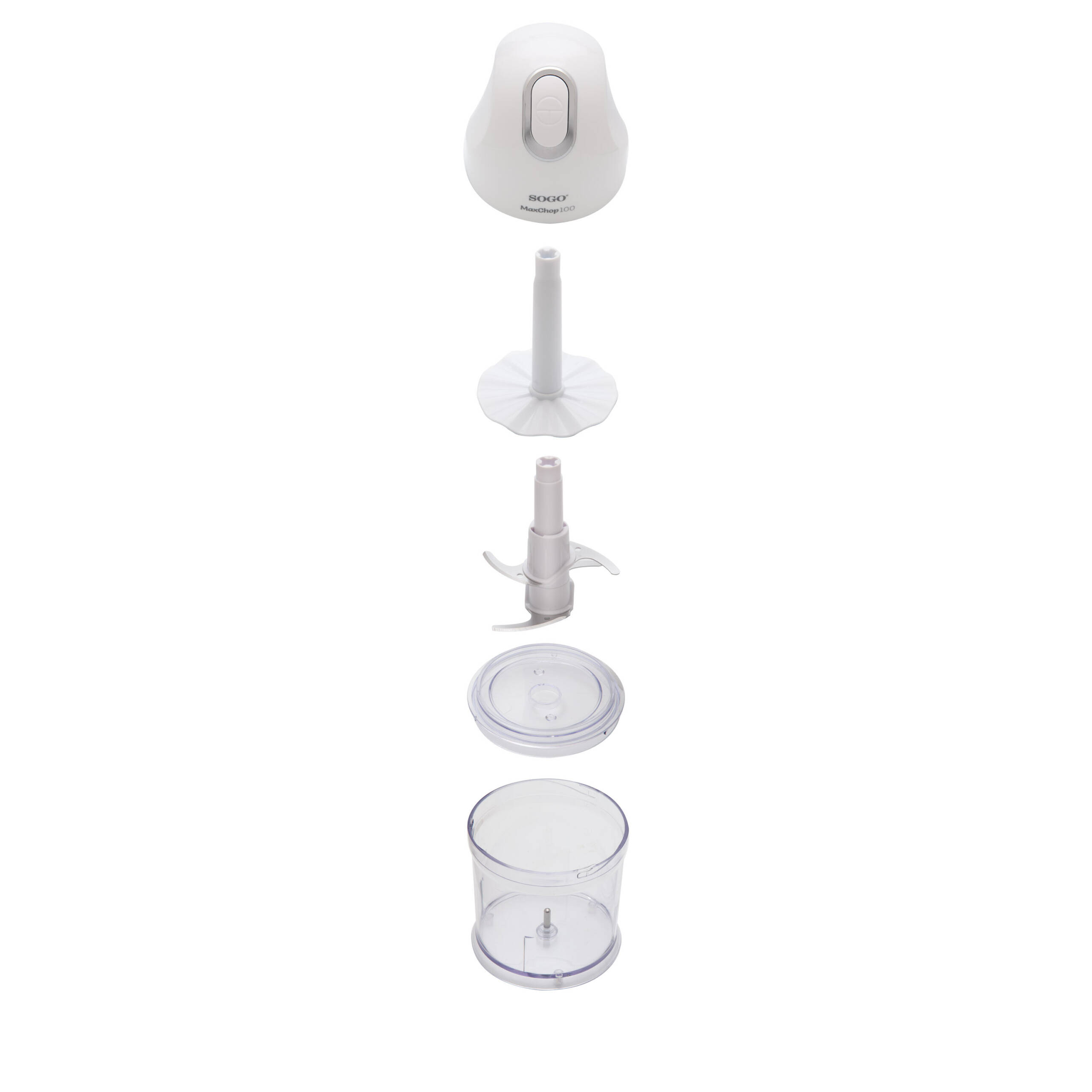 Un tritatutto bianco con parti staccabili: base motore, albero, lama, coperchio e contenitore.