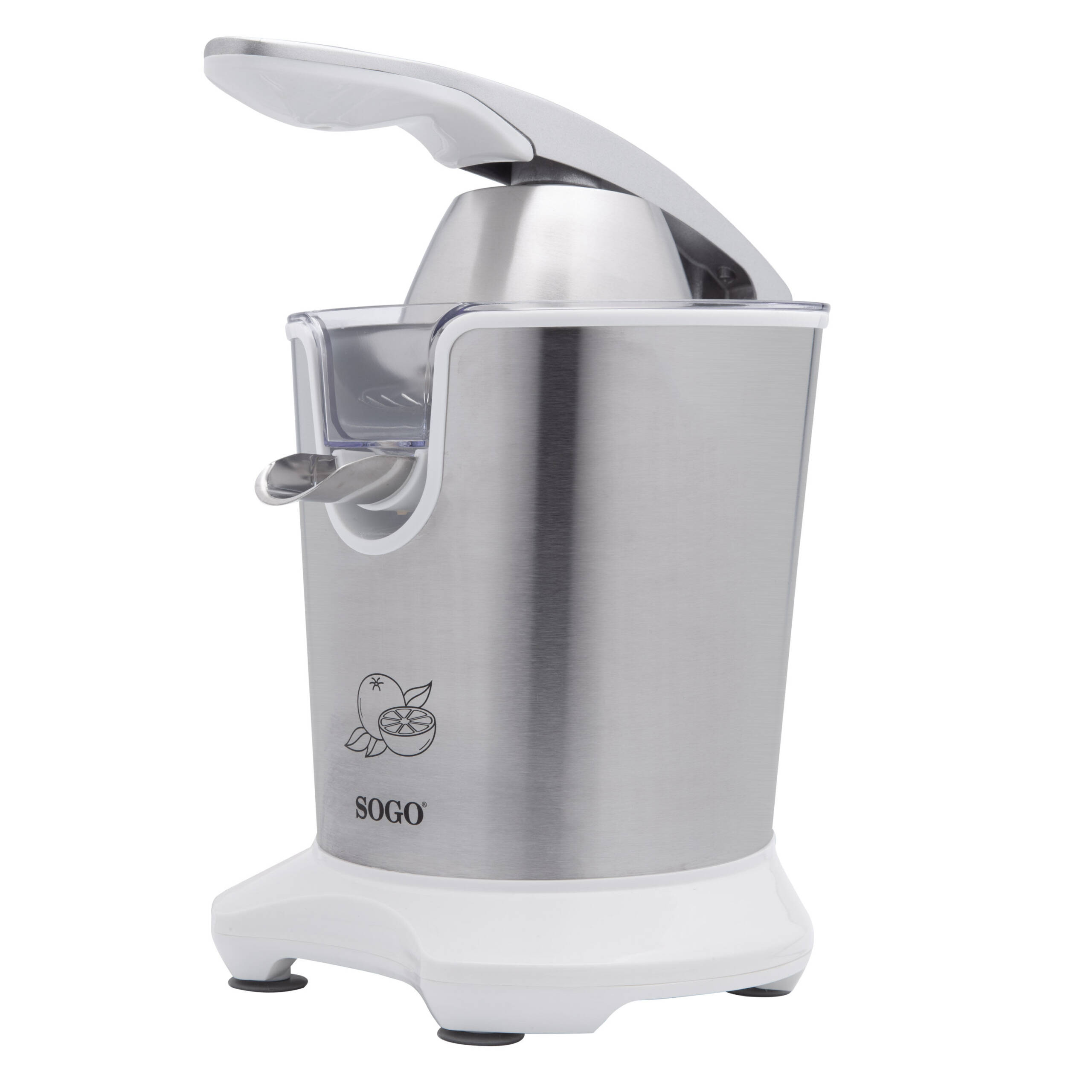 Spremiagrumi in acciaio inox con base e leva bianche.