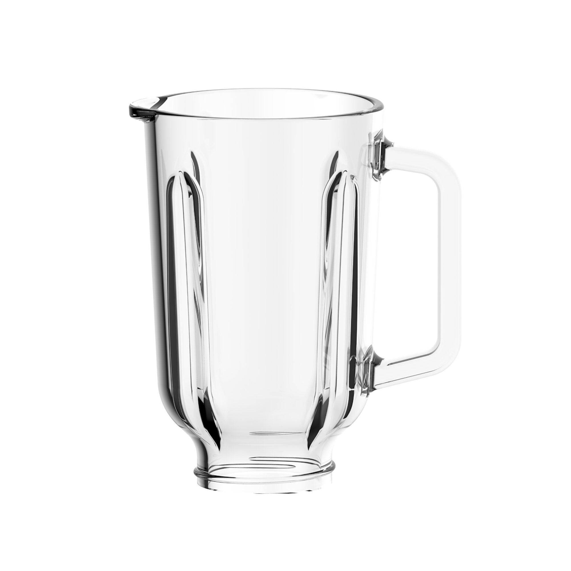 Un vaso de licuadora de vidrio transparente y vacío con asa sobre fondo blanco.