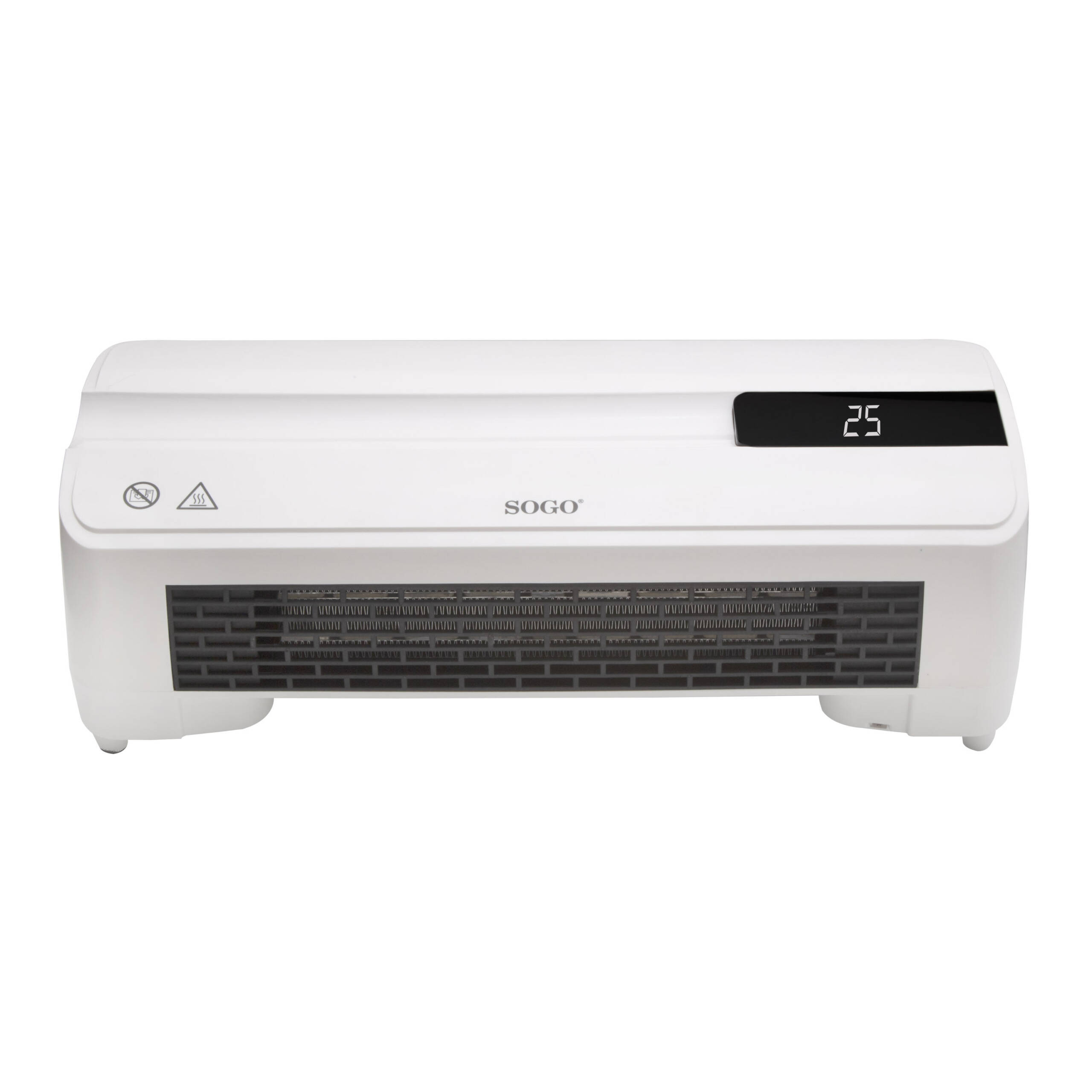 Un termoventilatore Sogo bianco con griglia di ventilazione e display digitale 25.