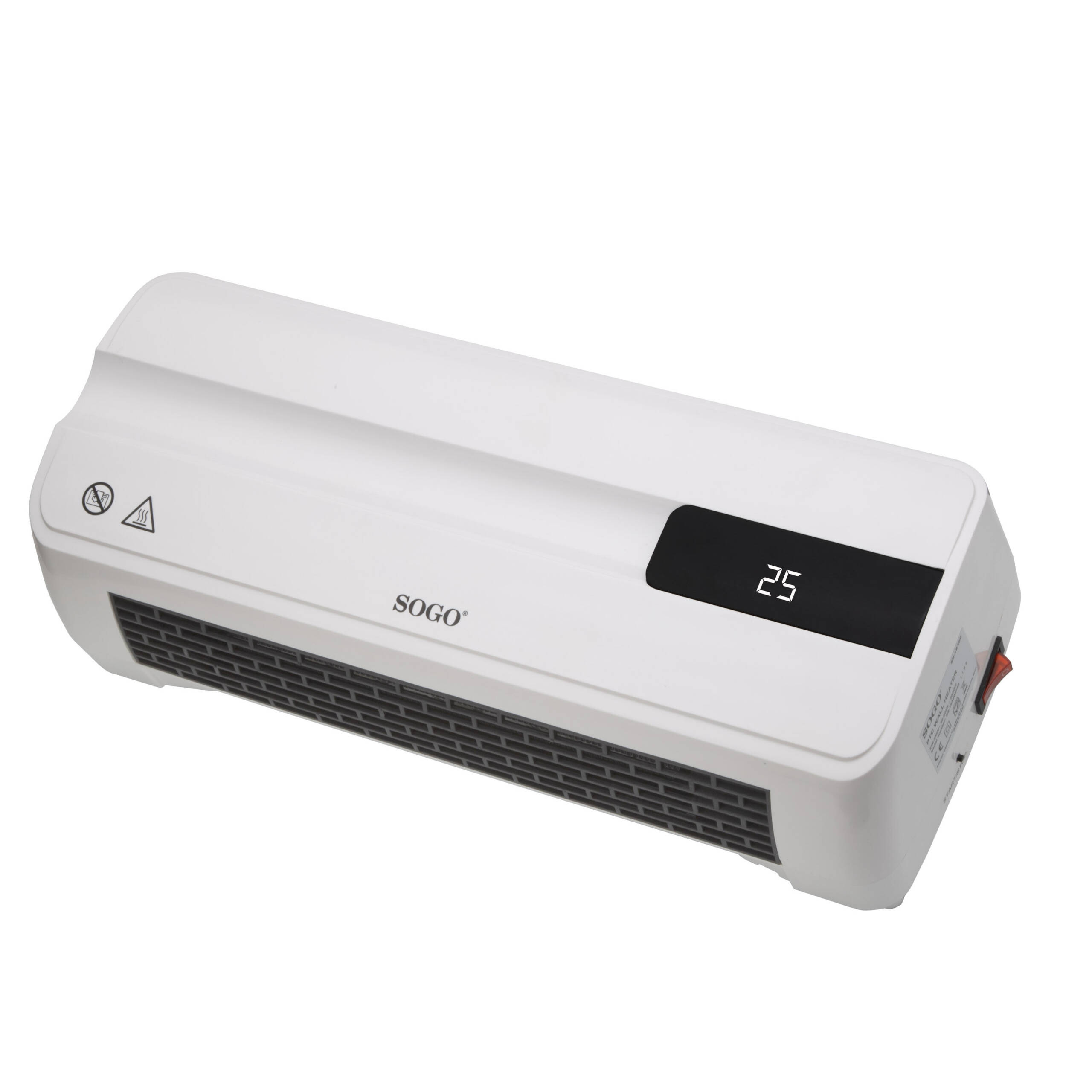 Un termoventilatore da parete bianco con display nero che mostra 25 gradi.
