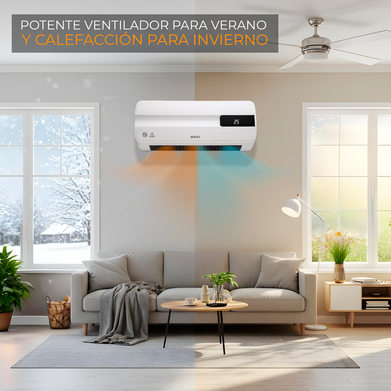 Una stanza con condizionatore: inverno a sinistra, estate a destra. Divano, tavolo, lampada.
