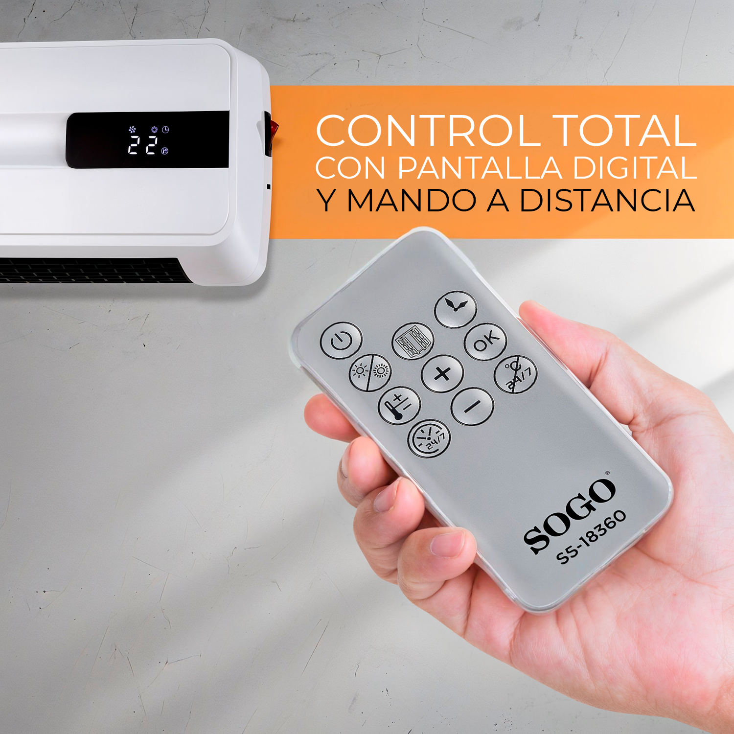 Un termoventilatore bianco con display digitale e telecomando in mano.