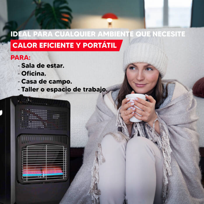 Una donna in una stanza riscaldata con stufa portatile e tazza.