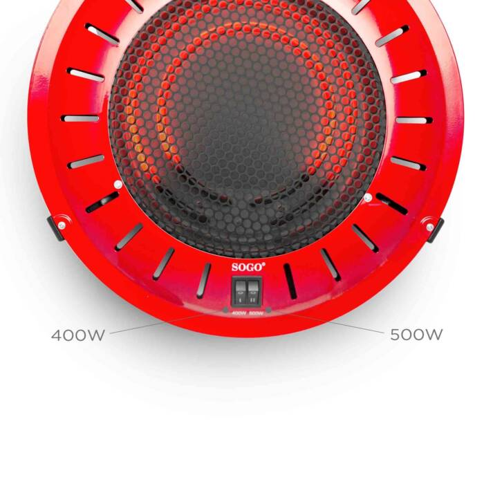 Un riscaldatore Sogo rosso con elemento riscaldante e fessure di ventilazione.