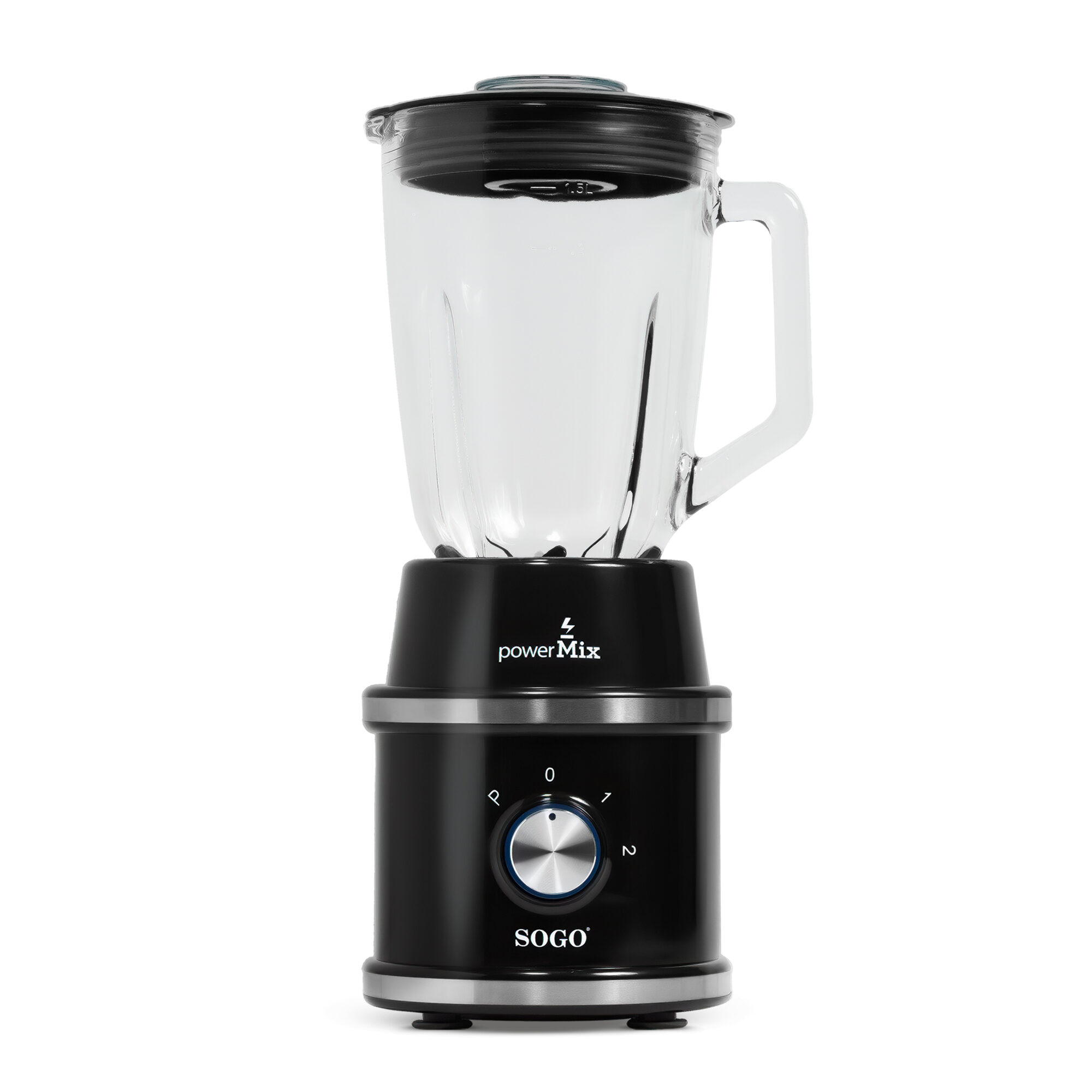 Frullatore nero con caraffa in vetro e quadrante argentato.