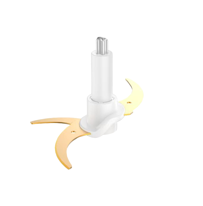 Un accessorio bianco con lame dorate, isolato su sfondo bianco.