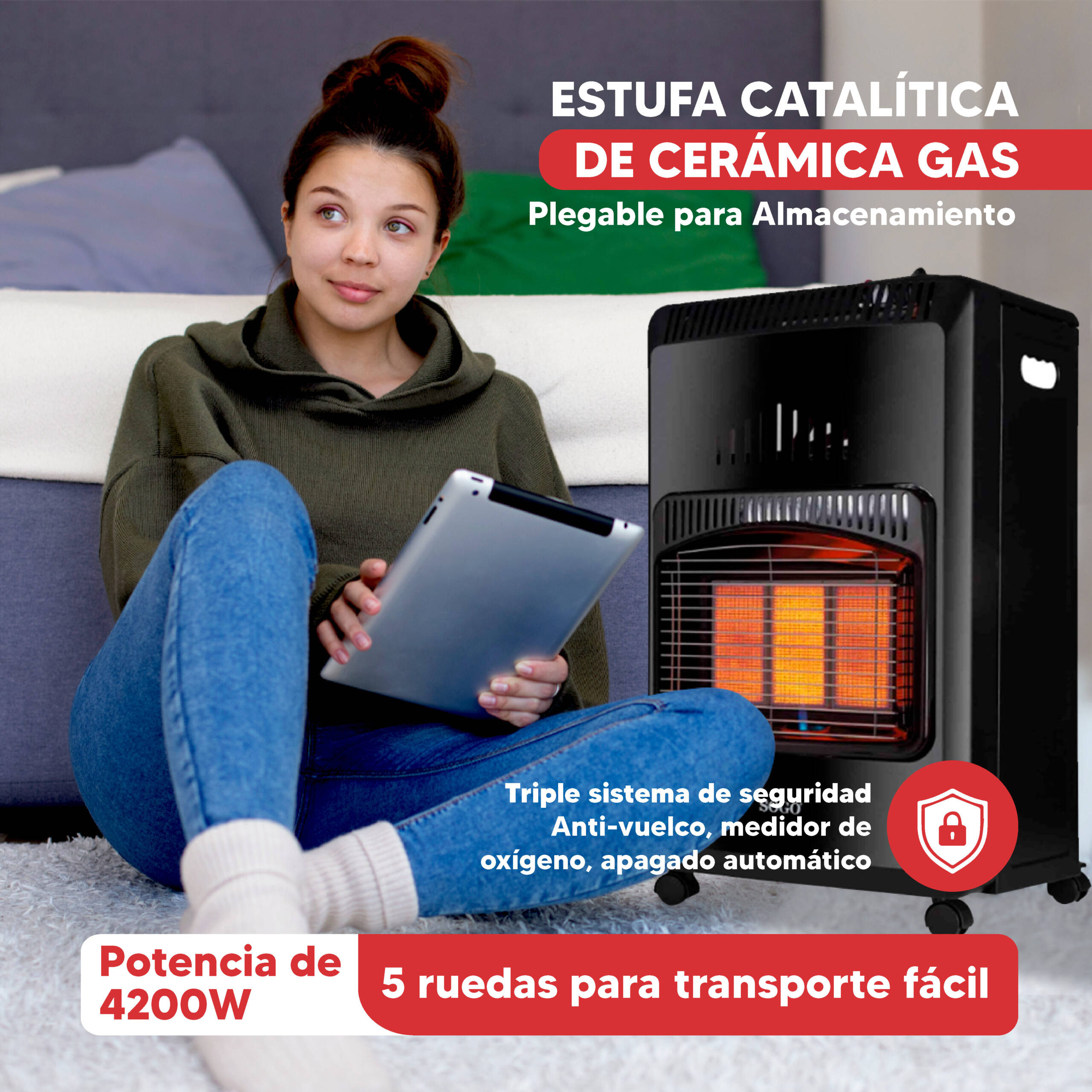 Una mujer con una tablet se sienta junto a un calentador de gas negro con brillo naranja.