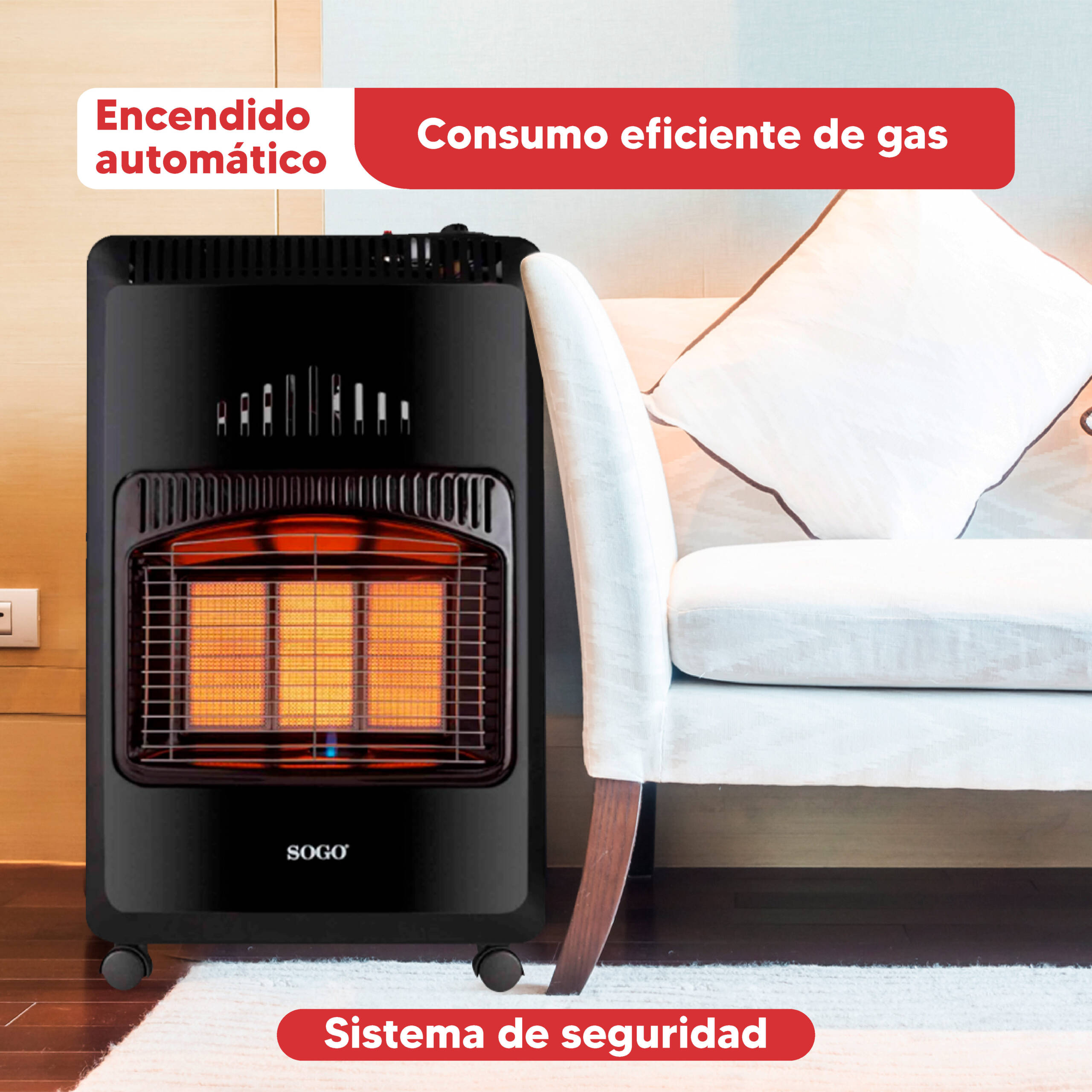 Estufa de gas negra con elementos incandescentes junto a un sofá blanco.