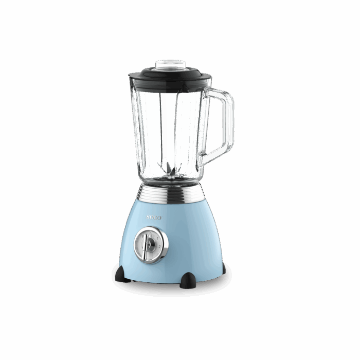 Un frullatore azzurro in stile retrò con caraffa in vetro, coperchio nero e una manopola di controllo argentata con i numeri 0, 1, 2 e P.