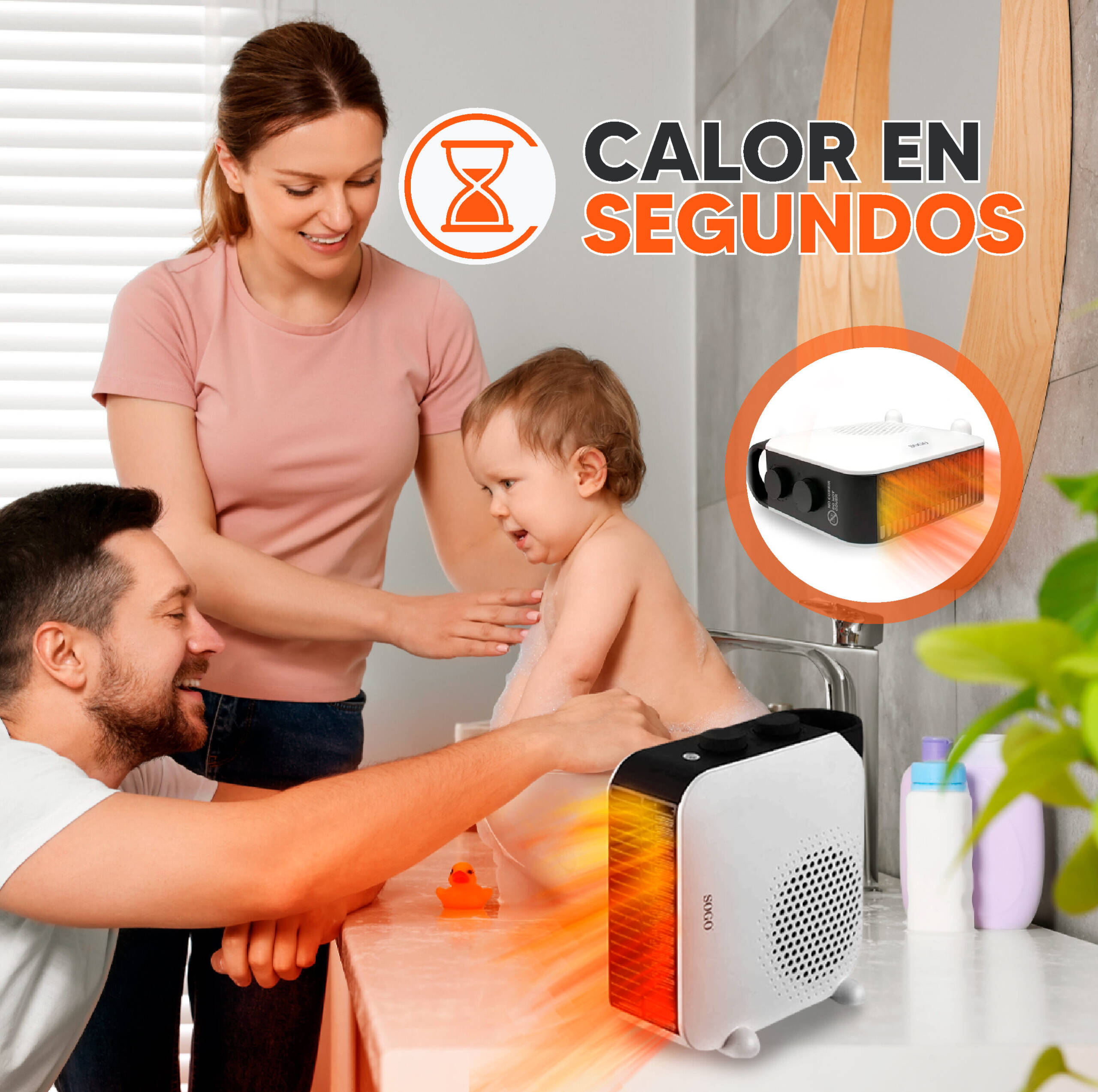 Una famiglia con un bambino si gode un bagno caldo, un riscaldatore riscalda rapidamente.