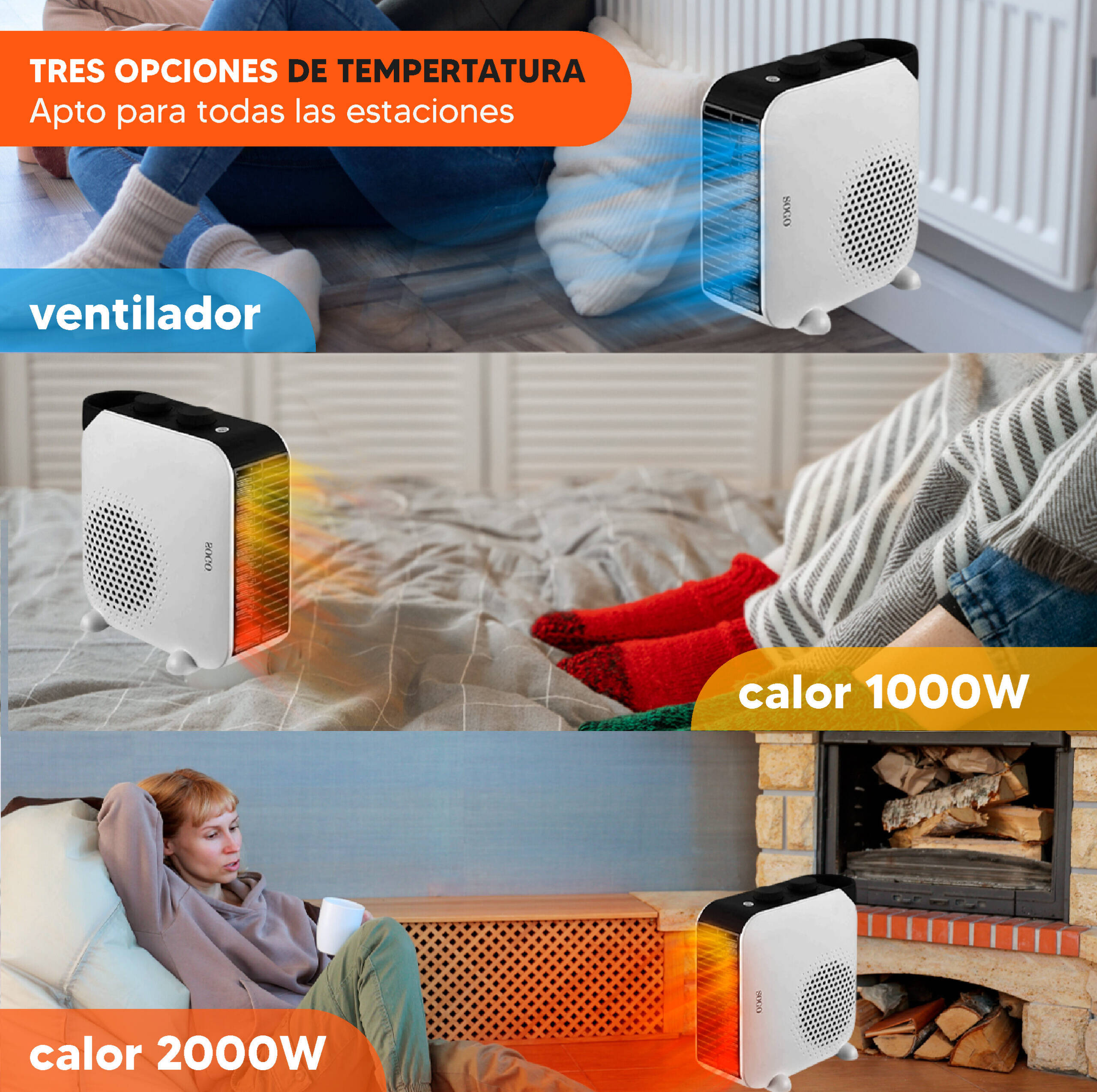 Una stufetta con tre modalità: ventilatore, 1000W e 2000W, in varie ambientazioni.