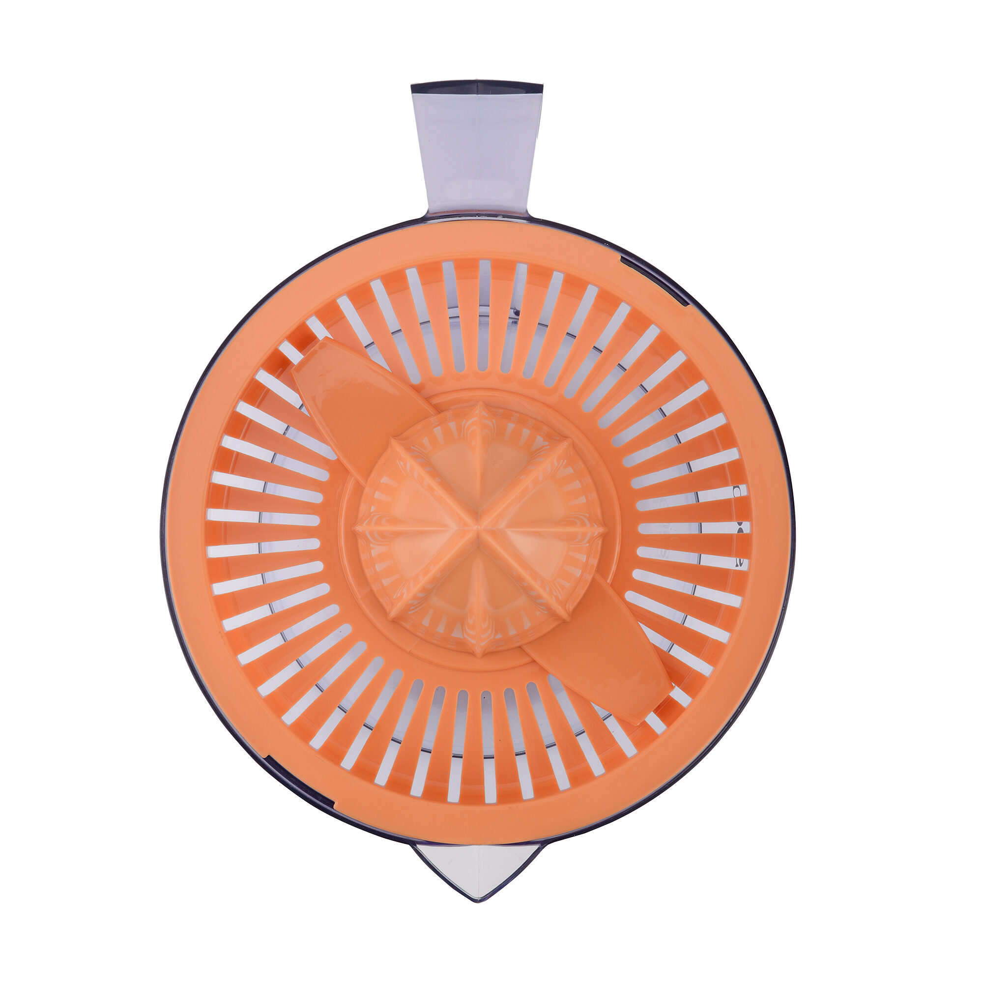 Un accessorio spremiagrumi arancione con beccuccio e scanalature.