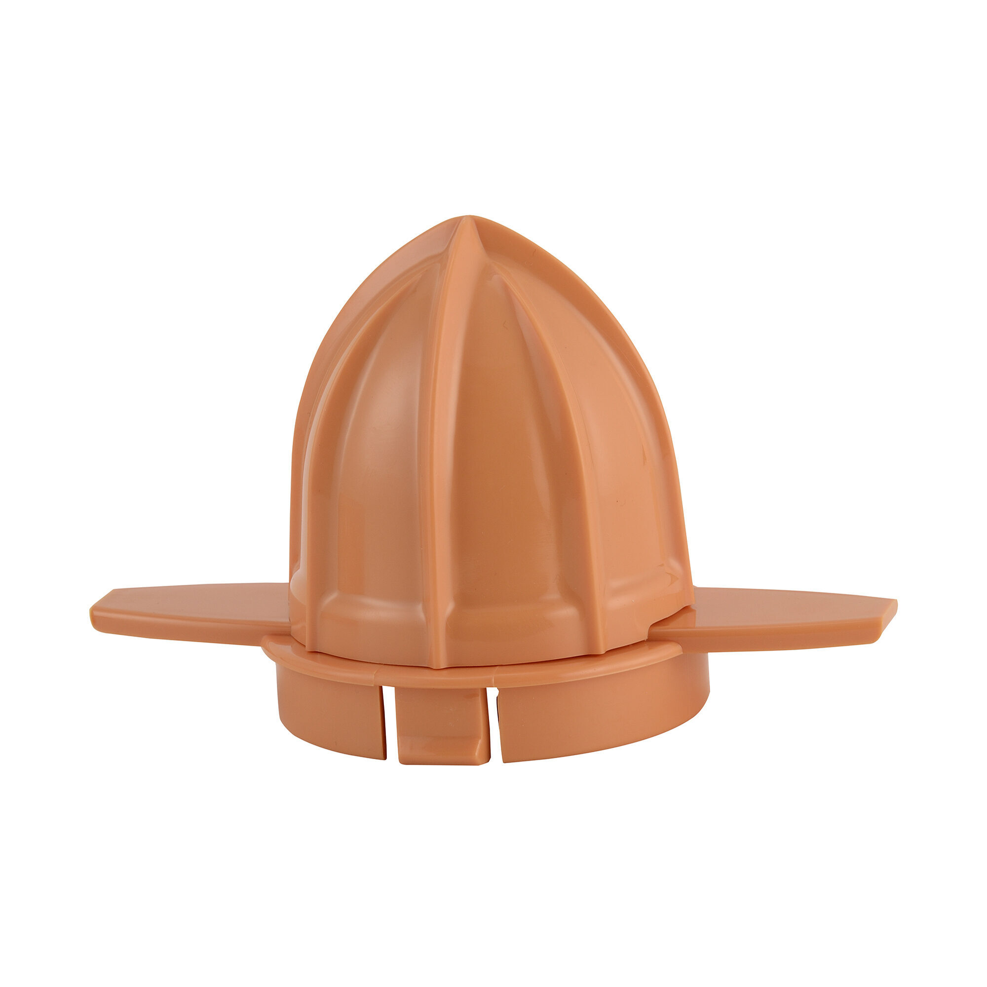 Un accessorio spremiagrumi arancione con parte superiore a coste e beccuccio.