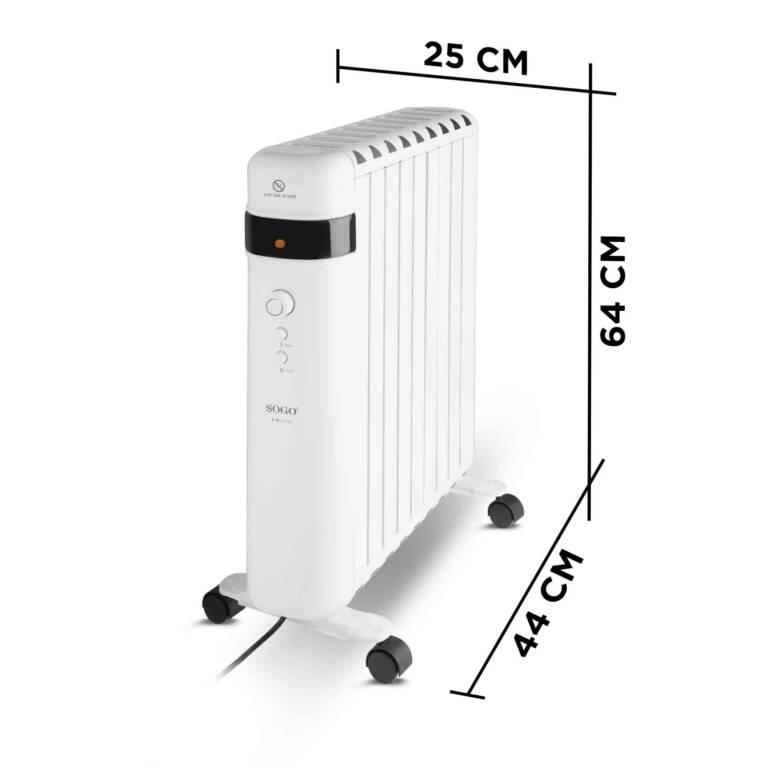 Radiatore a olio bianco con ruote, dimensioni: 25x64x44 cm.