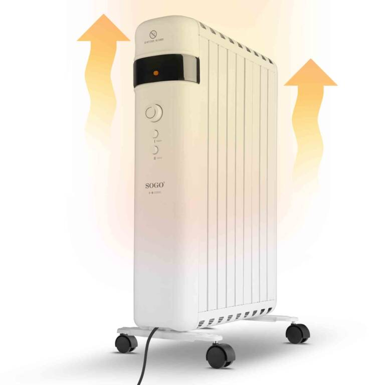 Un radiatore a olio bianco su ruote con frecce di calore arancioni che puntano verso l'alto.