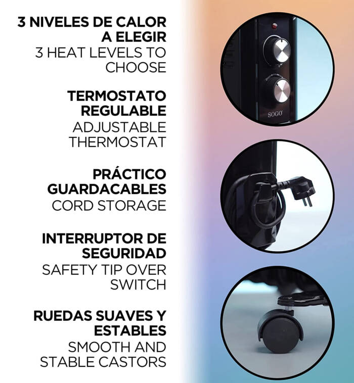 Un riscaldatore con controlli, porta cavo e ruote.