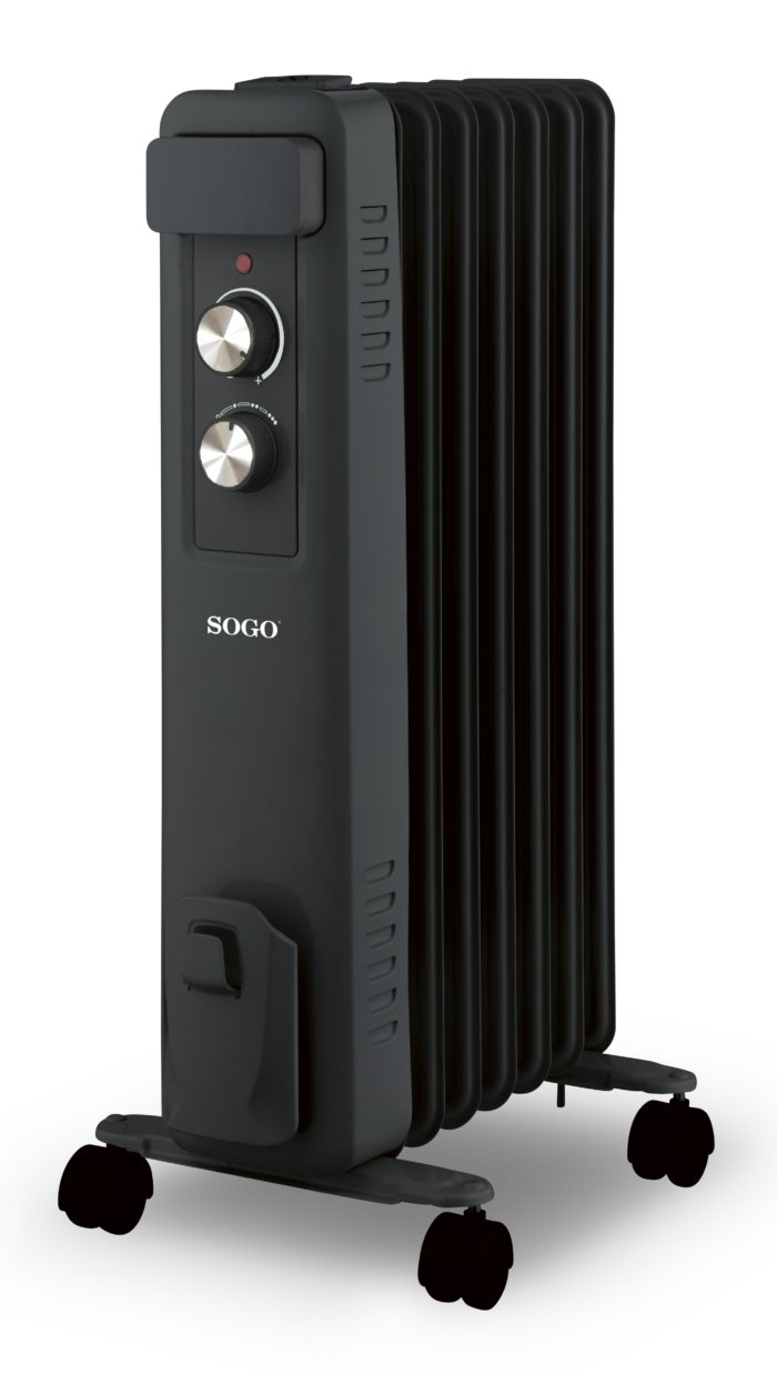 Un termoventilatore a olio nero con ruote e due manopole di controllo.